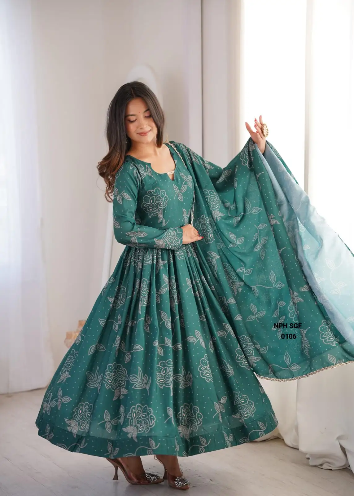 Women's Printed Maslin Gown Set with Pant & Dupatta